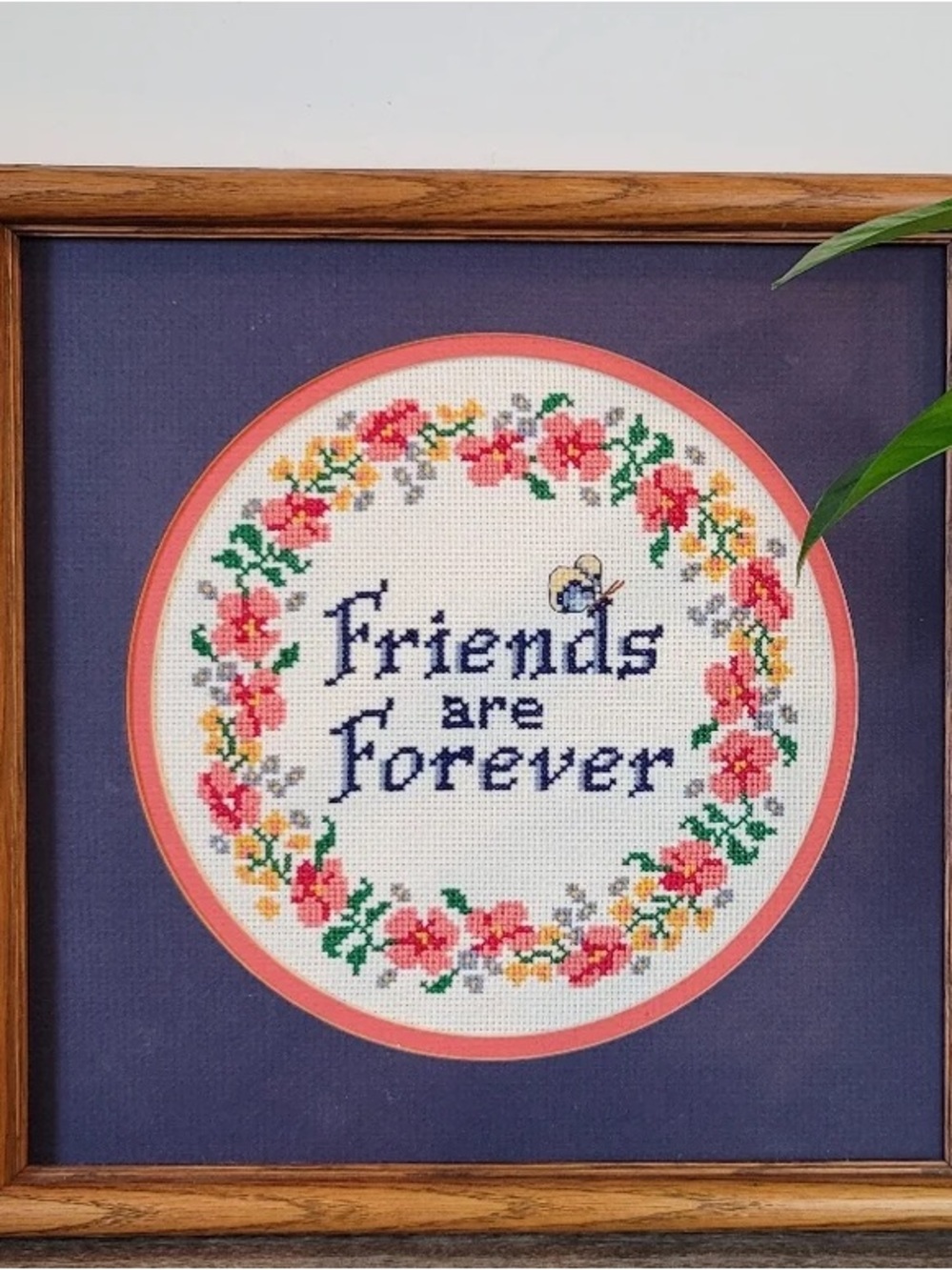 Friends Are Forever Floral Cross-Stitch Wall Art - Navy & Coral